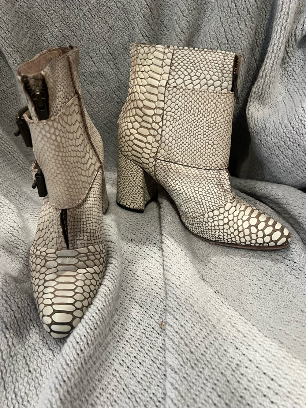 Freebird by Steven- Joey- white Snake-Print Block Heel Ankle Boots